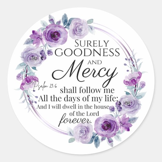 Psalm 23:6 Inspirerend Bijbelvers Paarse Bloemen Ronde Sticker (Voorkant)
