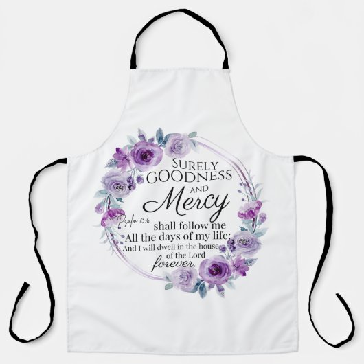 Psalm 23:6 Inspirerend Bijbelvers Paarse Bloemen Schort (Voorkant)