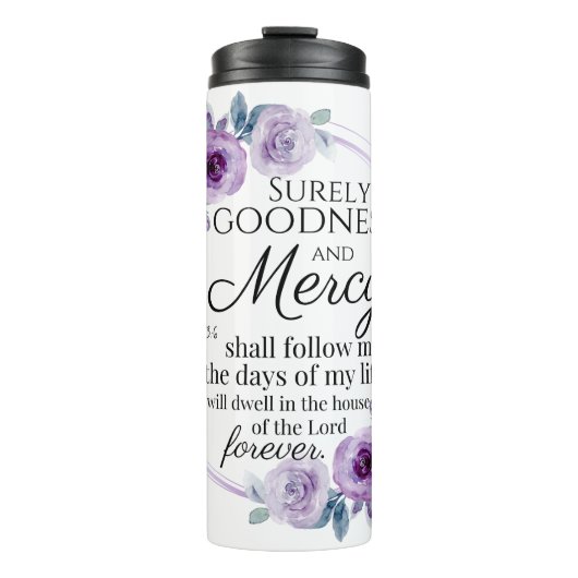 Psalm 23:6 Inspirerend Bijbelvers Paarse Bloemen Thermosbeker (Voorkant)