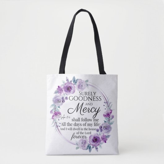 Psalm 23:6 Inspirerend Bijbelvers Paarse Bloemen Tote Bag (Voorkant)