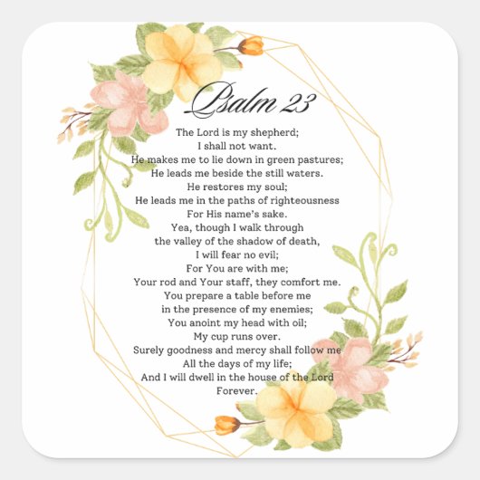 Psalm 23 Bijbelse Schrift Geel Bloemen Lijst Vierkante Sticker (Voorkant)
