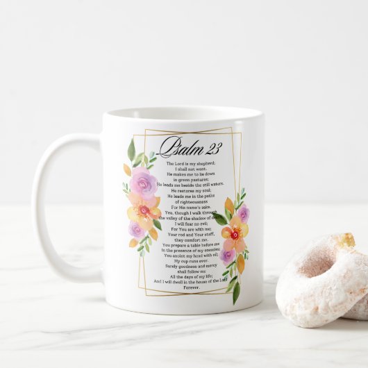 Psalm 23 Geometrische Bloemen Lijst Schrift Koffiemok (Met donut)
