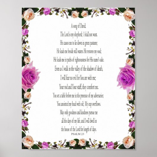 Psalm 23, Paarse Bloemenrand Poster Papier (Voorkant)