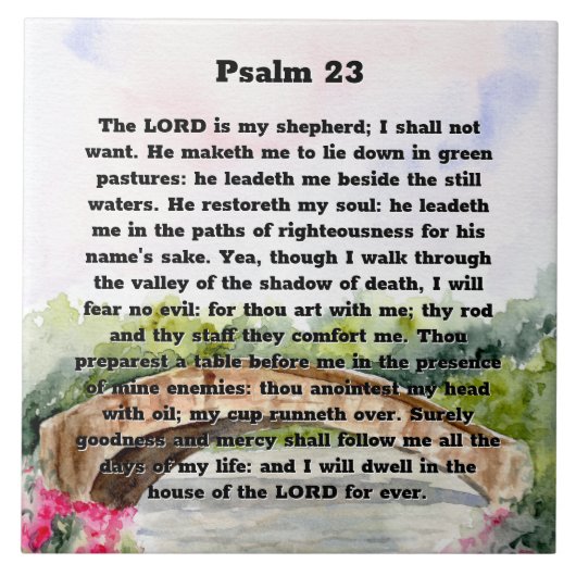 Psalm 23 Waterverf Brug, roze bloemen Tegeltje (Voorkant)