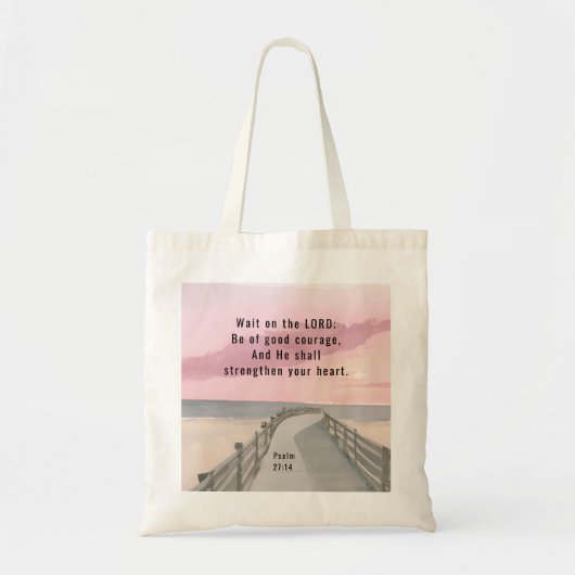 Psalm 27:14 Wacht op de Heer Bijbel Verse Oceaan Tote Bag (Voorkant)