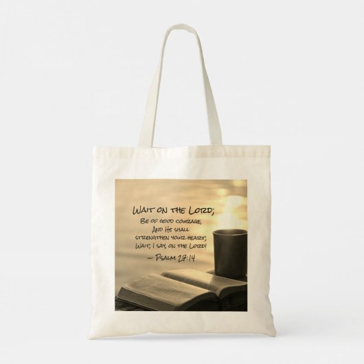 Psalm 27:14 Wacht op de Heer, Bijbelverse Tote Bag (Achterkant)