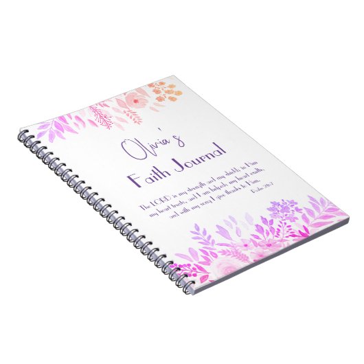 Psalm 28:7 Vrolijke Roze Lila Bloemen Geloof Gebed Notitieboek (Rechterzijde)