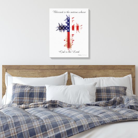 Psalm 33:12 Amerikaans Vlag Kruis Canvas Afdruk (Insitu (Slaapkamer))