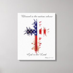 Psalm 33:12 Amerikaans vlagkruis Canvas Afdruk