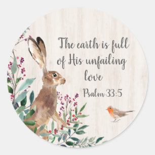 Psalm 33:5 Konijn, Vogel en Bladerwerk Ronde Sticker