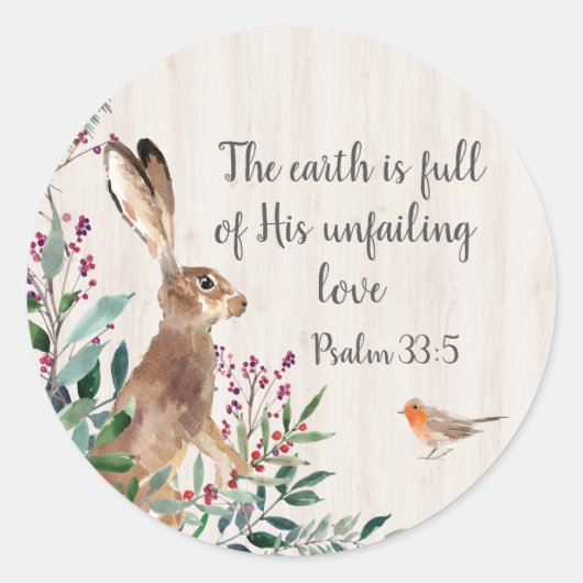 Psalm 33:5 Konijn, Vogel en Bladerwerk Ronde Sticker (Voorkant)
