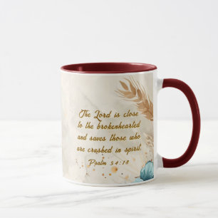 Psalm 34:18 De Heer is dicht bij de gebroken Bijbe Mok