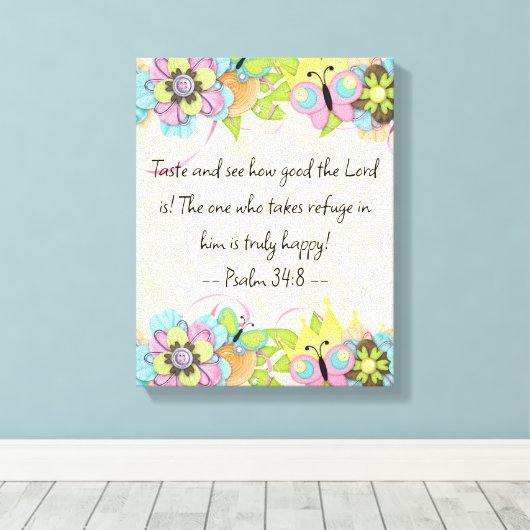 Psalm 34: 8 | Motivatie Bijbel Quotes Verse Canvas Afdruk (Insitu (Houten vloer))