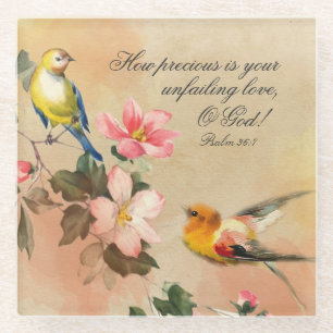Psalm 36:7 Bijbelvers, Vintage vogels en bloemen Glazen Onderzetter
