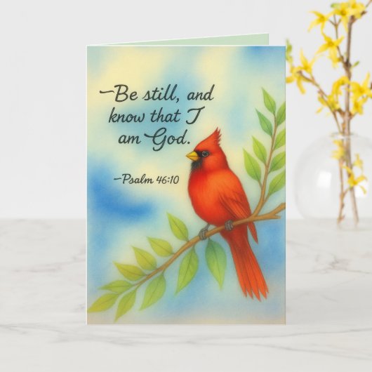 Psalm 46:10 Be Still Red Cardinal Scripture Nature Kaart (Gele Bloem)