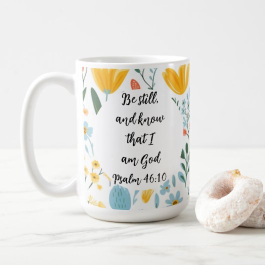 Psalm 46:10 Floral Coffee Mug Koffiemok (Met donut)
