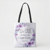 Psalm 46:10 Wees stil en ken Paarse Bloemen Tote Bag (Voorkant)