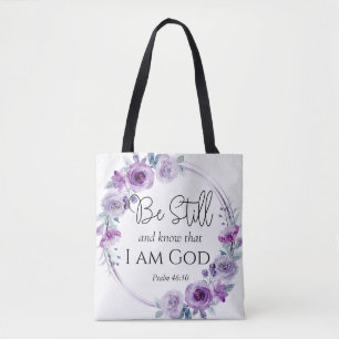 Psalm 46:10 Wees stil en ken Paarse Bloemen Tote Bag