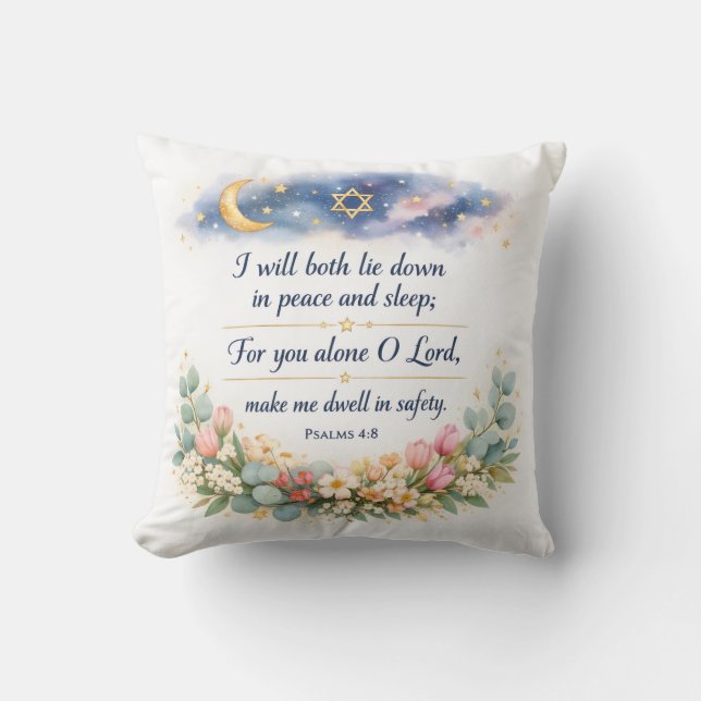 Psalm 4:8 Bemoedigende Bijbelvers, Vreedzame Slaap Kussen (Voorkant)