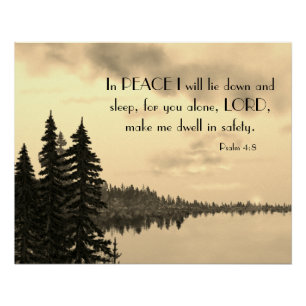 Psalm 4:8 Vredige zonsondergang meer en bomen in S Perfect Poster