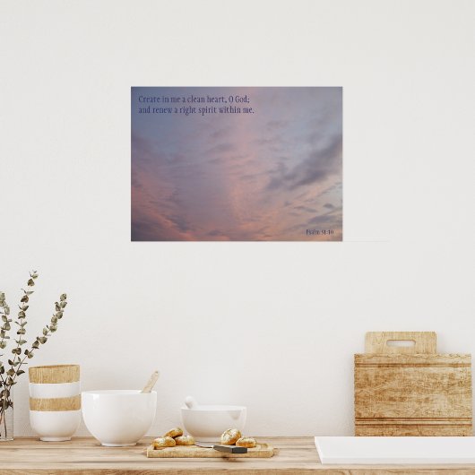 Psalm 51:10 Poster Pink Clouds on Blue Sky (Keuken)