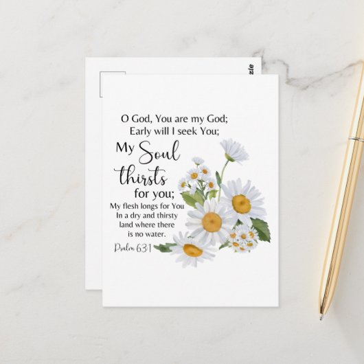 Psalm 63:1 Bijbeltekst Kamille bloemen Briefkaart (Voorkant / Achterkant in situ)