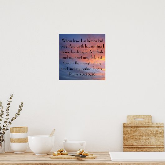 Psalm 73:25-26 poster met blauwe zonsondergang (Keuken)