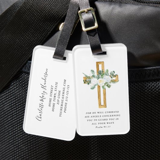 Psalm 91:11 Bijbel Verse White Peony Floral Cross Bagagelabel