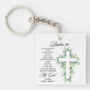 Psalm 91:1-2 Religieus Kruis Groene Beplanting Bij Sleutelhanger