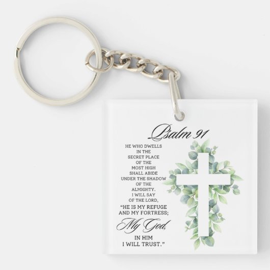 Psalm 91:1-2 Religious Cross Greenery Bible Verse Sleutelhanger (voorkant)