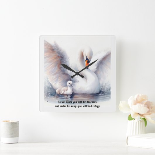 Psalm 91:4 Wings Gods beschermings Bijbelscriptie Vierkante Klok (Huis)