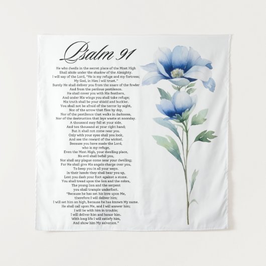 Psalm 91 Aquarel Blauwe Bloem Bijbel Schriftuur Wandkleed (Voorkant)