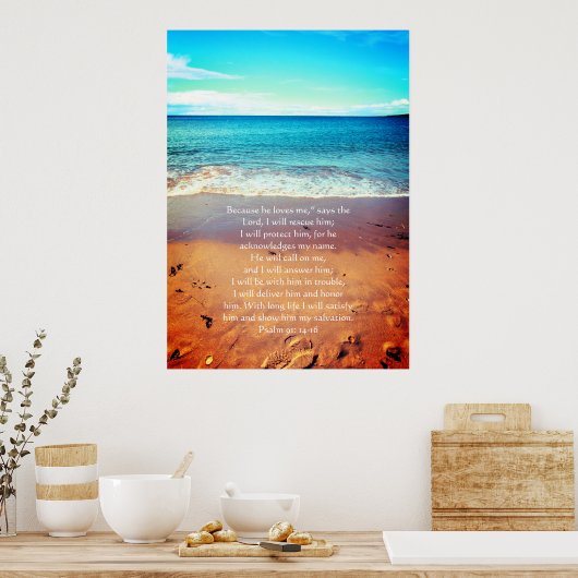 Psalm 91, Christelijk poster met zeegolven en zand (Keuken)
