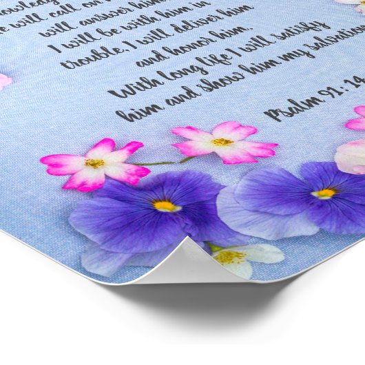 Psalm 91 op blauw weefsel met bloemen, poster (Hoek)