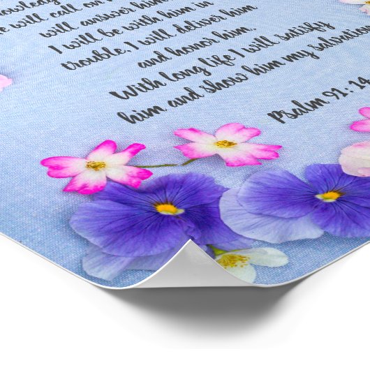 Psalm 91 op blauw weefsel met bloemen, poster (Hoek)