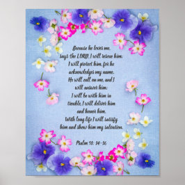 Psalm 91 op blauw weefsel met bloemen, poster