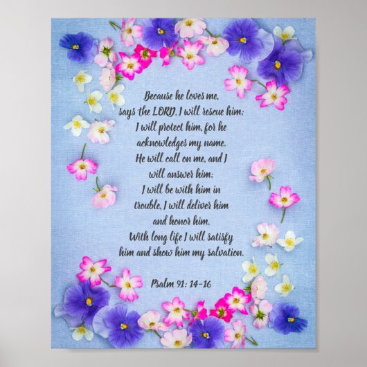 Psalm 91 op blauw weefsel met bloemen, poster (Voorkant)