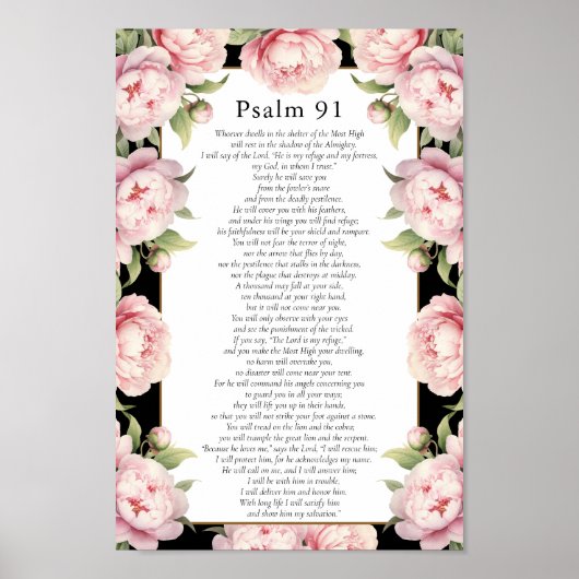 Psalm 91 Schrift Bijbel Verse Bloemen Blush Zwart Poster (Voorkant)