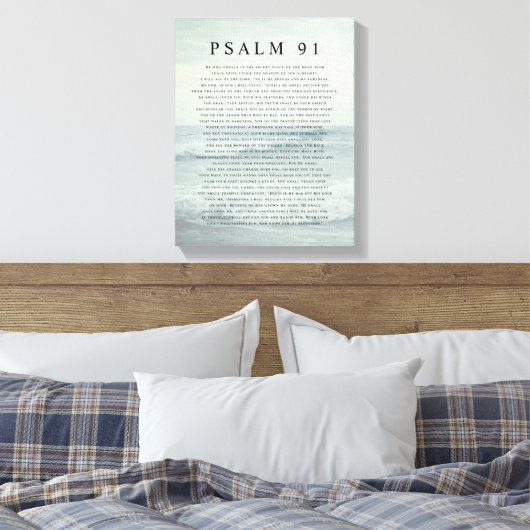 Psalm 91 Scripture Soft Aqua Blue Calm Beach Canvas Afdruk (Insitu (Slaapkamer))