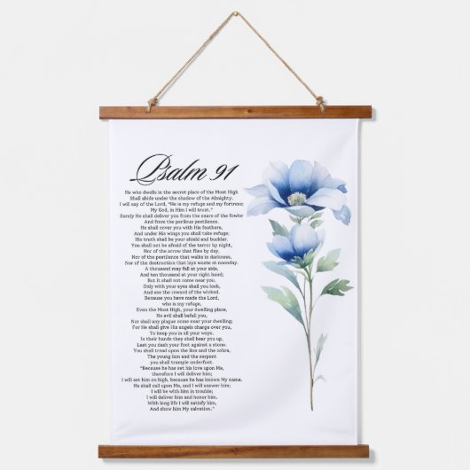 Psalm 91 Waterverf Blauwe Bloem Bijbel Schriftuur Hangend Wandkleed (Voorkant)