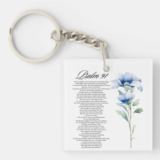 Psalm 91 Waterverf Blauwe Bloem Bijbel Schriftuur Sleutelhanger (voorkant)