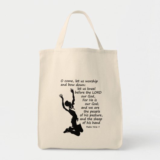 Psalm 95:6-7 Laten we bidden en buigen Tote Bag (Voorkant)