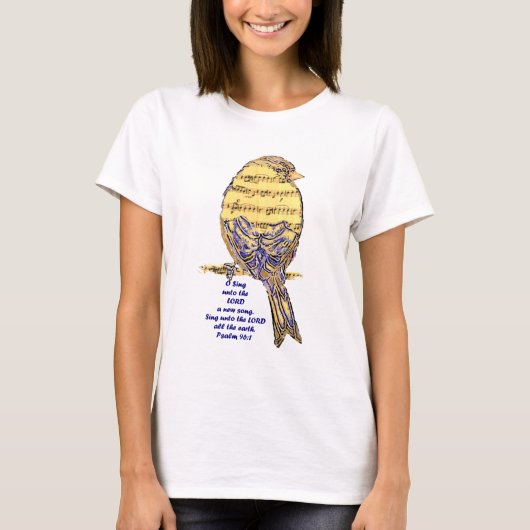 Psalm 96:1 Zing voor de Heer Psalm Zangvogel T-shirt (Voorkant)