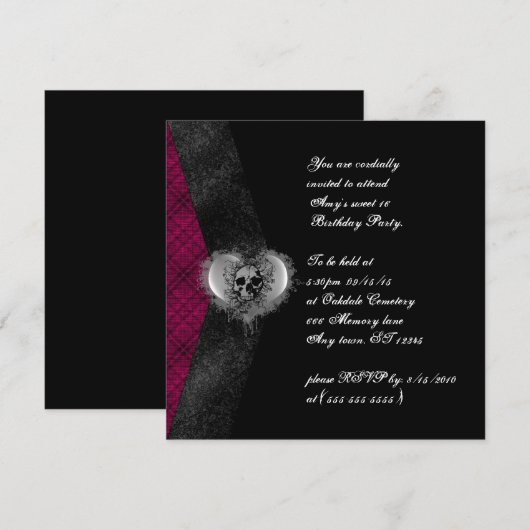 Pset and Skull Gothic Sweet 16 Birthday Invites Kaart (Voorkant / Achterkant)