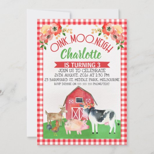 Pset Barnyard Floral Birthday Invitation Kaart (Voorkant)