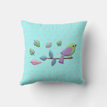 Pset Bird met Gingham Leaves Pink Blue Stippen