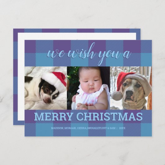 Pset Blue Paars 3 Photo Collage Kerstmis Briefkaart (Voorkant / Achterkant)