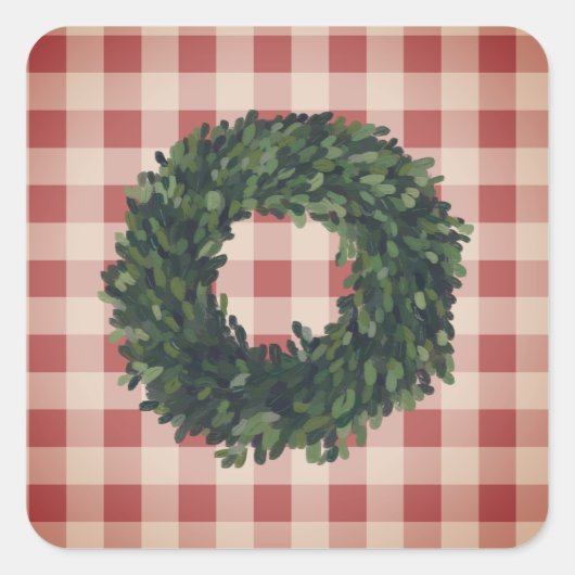 Pset Boxwood Wreath Farmhouse Gingham Stylish Vierkante Sticker (Voorkant)