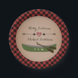 Pset Canoe   Arrows Rustic Wedding Papieren Bordje<br><div class="desc">Borden met een afbeelding van een kano en een hart tussen twee pijlen.  Achtergrond is rood en zwart.</div>