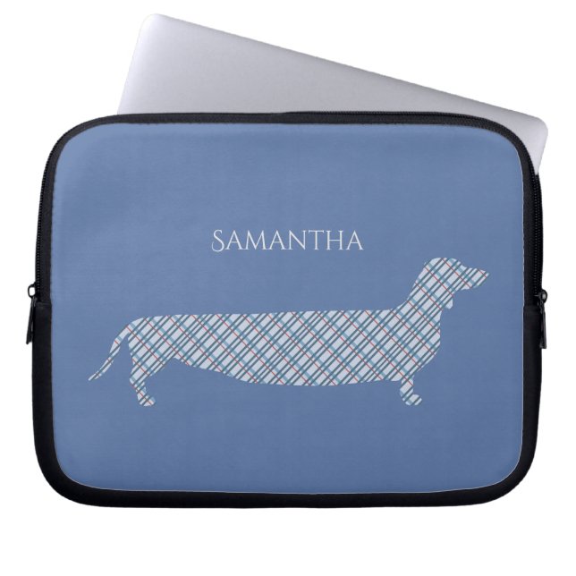 Pset Dachshund op Blue Personalized Laptop Sleeve (Voorkant)
